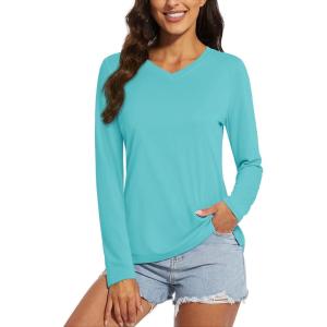 imageMAGCOMSEN SPF Shirts for Women Long Sleeve Workout Tops VNeck UPF 50 UV Sun Shirt Quick Dry Performance Tees Swim TopsGrey Green
