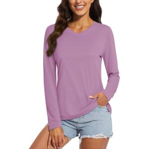 imageMAGCOMSEN SPF Shirts for Women Long Sleeve Workout Tops VNeck UPF 50 UV Sun Shirt Quick Dry Performance Tees Swim TopsGrey Pruple