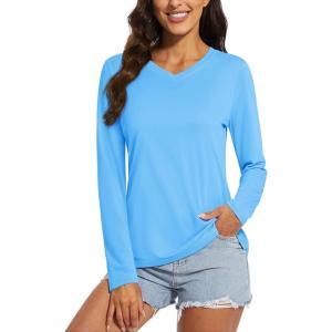 imageMAGCOMSEN SPF Shirts for Women Long Sleeve Workout Tops VNeck UPF 50 UV Sun Shirt Quick Dry Performance Tees Swim TopsIce Blue