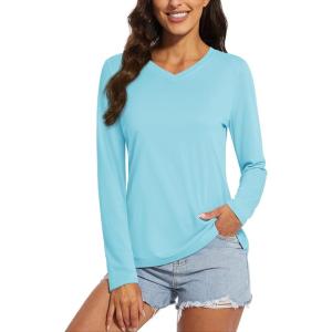 imageMAGCOMSEN SPF Shirts for Women Long Sleeve Workout Tops VNeck UPF 50 UV Sun Shirt Quick Dry Performance Tees Swim TopsLake Blue