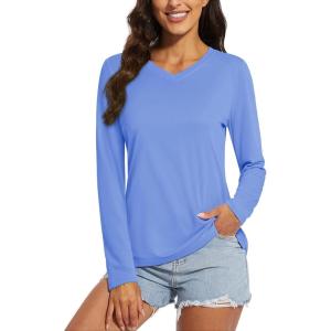 imageMAGCOMSEN SPF Shirts for Women Long Sleeve Workout Tops VNeck UPF 50 UV Sun Shirt Quick Dry Performance Tees Swim TopsLight Blue