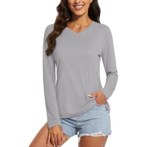 imageMAGCOMSEN SPF Shirts for Women Long Sleeve Workout Tops VNeck UPF 50 UV Sun Shirt Quick Dry Performance Tees Swim TopsLight Grey