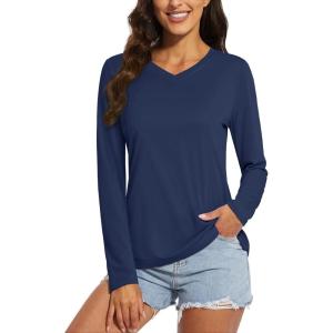 imageMAGCOMSEN SPF Shirts for Women Long Sleeve Workout Tops VNeck UPF 50 UV Sun Shirt Quick Dry Performance Tees Swim TopsNavy