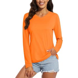 imageMAGCOMSEN SPF Shirts for Women Long Sleeve Workout Tops VNeck UPF 50 UV Sun Shirt Quick Dry Performance Tees Swim TopsOrange
