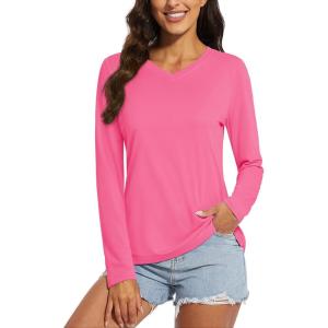 imageMAGCOMSEN SPF Shirts for Women Long Sleeve Workout Tops VNeck UPF 50 UV Sun Shirt Quick Dry Performance Tees Swim TopsRose