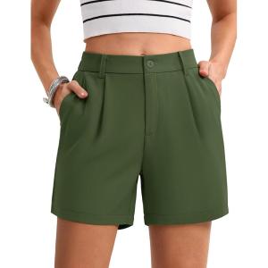 imageMAGCOMSEN Shorts for Women Dressy Casual Summer Pleated Tailored Back Elastic Waist Trouser Shorts with PocketsArmy Green