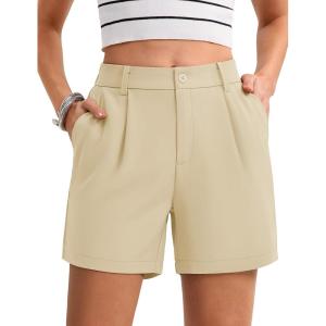 imageMAGCOMSEN Shorts for Women Dressy Casual Summer Pleated Tailored Back Elastic Waist Trouser Shorts with PocketsBeige