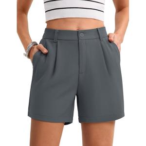 imageMAGCOMSEN Shorts for Women Dressy Casual Summer Pleated Tailored Back Elastic Waist Trouser Shorts with PocketsDark Gray