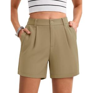 imageMAGCOMSEN Shorts for Women Dressy Casual Summer Pleated Tailored Back Elastic Waist Trouser Shorts with PocketsKhaki
