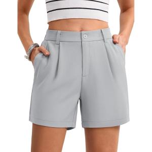 imageMAGCOMSEN Shorts for Women Dressy Casual Summer Pleated Tailored Back Elastic Waist Trouser Shorts with PocketsLight Gray