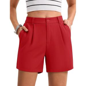imageMAGCOMSEN Shorts for Women Dressy Casual Summer Pleated Tailored Back Elastic Waist Trouser Shorts with PocketsTomato Red