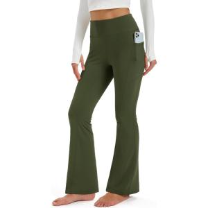 imageMAGCOMSEN Womens Fleece Lined Leggings Flare Pants High Waist Water Resistant Winter Thermal Casual Pants with PocketsArmy Green