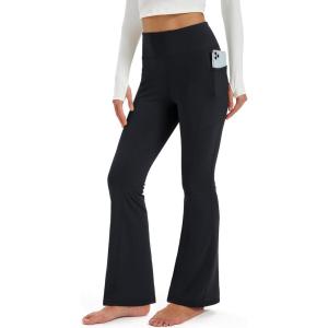 imageMAGCOMSEN Womens Fleece Lined Leggings Flare Pants High Waist Water Resistant Winter Thermal Casual Pants with PocketsBlack