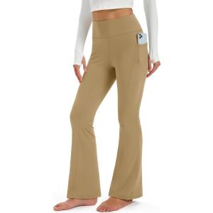 imageMAGCOMSEN Womens Fleece Lined Leggings Flare Pants High Waist Water Resistant Winter Thermal Casual Pants with PocketsKhaki