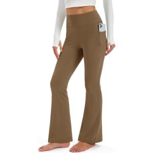 imageMAGCOMSEN Womens Fleece Lined Leggings Flare Pants High Waist Water Resistant Winter Thermal Casual Pants with PocketsLight Brown