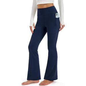 imageMAGCOMSEN Womens Fleece Lined Leggings Flare Pants High Waist Water Resistant Winter Thermal Casual Pants with PocketsNavy