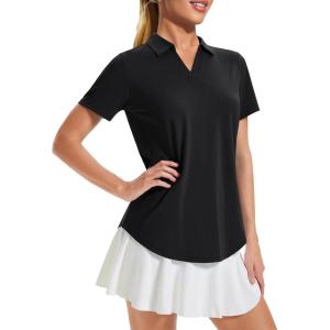 imageMAGCOMSEN Womens Golf Shirts Short Sleeve Polo UPF 50 V Neck Collared Tops Quick Dry Tennis Athletic T ShirtsBlack