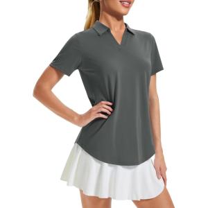 imageMAGCOMSEN Womens Golf Shirts Short Sleeve Polo UPF 50 V Neck Collared Tops Quick Dry Tennis Athletic T ShirtsDarkgrey