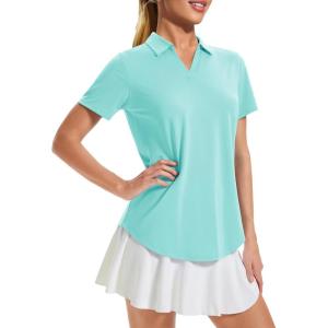 imageMAGCOMSEN Womens Golf Shirts Short Sleeve Polo UPF 50 V Neck Collared Tops Quick Dry Tennis Athletic T ShirtsLight Lake Blue