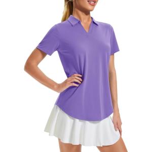 imageMAGCOMSEN Womens Golf Shirts Short Sleeve Polo UPF 50 V Neck Collared Tops Quick Dry Tennis Athletic T ShirtsLight Purple
