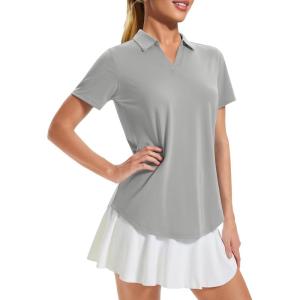 imageMAGCOMSEN Womens Golf Shirts Short Sleeve Polo UPF 50 V Neck Collared Tops Quick Dry Tennis Athletic T ShirtsLightgrey