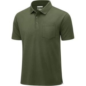 imageMAGCOMSEN Mens Polo Shirts Short Sleeve Cotton Pique Golf Shirts with Pocket Casual Performance Moisture Wicking Polos Army Green XL