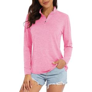 imageMAGCOMSEN Womens Quarter Zip Pullover Long Sleeve UPF 50 Rashguard Golf Sun Protection Shirts Quick Dry Workout TopsPink