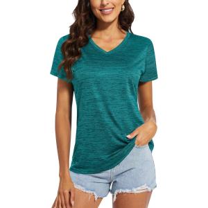 imageMAGCOMSEN Womens T Shirts VNeck Short Sleeve UPF 50 Sun Protection Performance Quick Dry Athletic Shirts Tee TopsEmerald Green