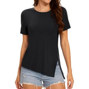 imageMAGCOMSEN Womens Workout Shirts Short Sleeve Crewneck Quick Dry Yoga TShirt Gym Athletic Top Breathable Tee Side SlitBlack
