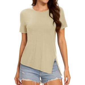 imageMAGCOMSEN Womens Workout Shirts Short Sleeve Crewneck Quick Dry Yoga TShirt Gym Athletic Top Breathable Tee Side SlitLight Khaki