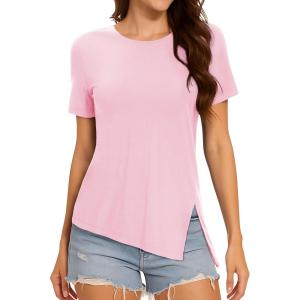 imageMAGCOMSEN Womens Workout Shirts Short Sleeve Crewneck Quick Dry Yoga TShirt Gym Athletic Top Breathable Tee Side SlitLight Pink