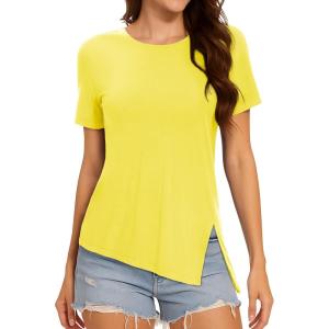 imageMAGCOMSEN Womens Workout Shirts Short Sleeve Crewneck Quick Dry Yoga TShirt Gym Athletic Top Breathable Tee Side SlitLight Yellow