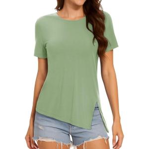 imageMAGCOMSEN Womens Workout Shirts Short Sleeve Crewneck Quick Dry Yoga TShirt Gym Athletic Top Breathable Tee Side SlitMist Green