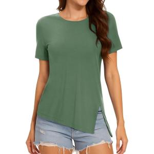 imageMAGCOMSEN Womens Workout Shirts Short Sleeve Crewneck Quick Dry Yoga TShirt Gym Athletic Top Breathable Tee Side SlitMoss Green