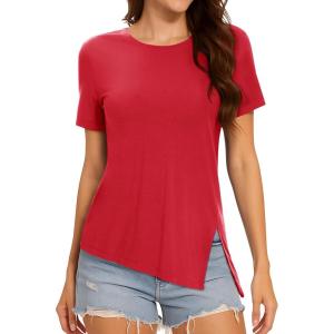 imageMAGCOMSEN Womens Workout Shirts Short Sleeve Crewneck Quick Dry Yoga TShirt Gym Athletic Top Breathable Tee Side SlitRed