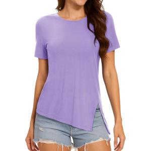 imageMAGCOMSEN Womens Workout Shirts Short Sleeve Crewneck Quick Dry Yoga TShirt Gym Athletic Top Breathable Tee Side SlitTaro Purple