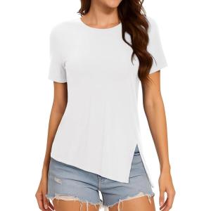 imageMAGCOMSEN Womens Workout Shirts Short Sleeve Crewneck Quick Dry Yoga TShirt Gym Athletic Top Breathable Tee Side SlitWhite