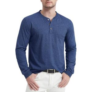 imageMAGCOMSEN Mens Henley Shirt Long Sleeve Cotton Casual Shirts with Pocket Button Placket Daily WearDark Blue