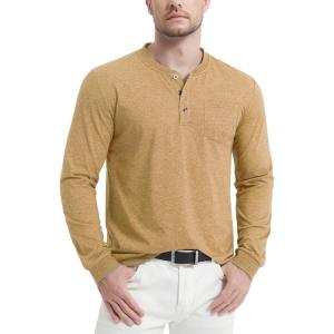 imageMAGCOMSEN Mens Henley Shirt Long Sleeve Cotton Casual Shirts with Pocket Button Placket Daily WearYellow