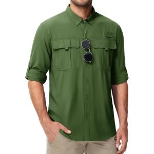 imageMAGCOMSEN Mens Sun Protection Fishing Shirts UPF 50 UV Quick Dry Long Sleeve Button Down Shirts Safari Hiking TravelArmy Green