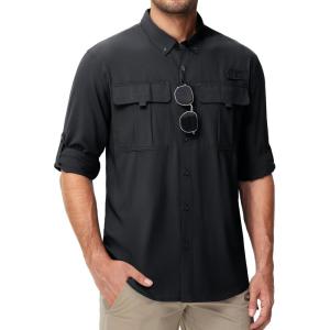 imageMAGCOMSEN Mens Sun Protection Fishing Shirts UPF 50 UV Quick Dry Long Sleeve Button Down Shirts Safari Hiking TravelBlack