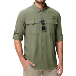 imageMAGCOMSEN Mens Sun Protection Fishing Shirts UPF 50 UV Quick Dry Long Sleeve Button Down Shirts Safari Hiking TravelGrey Green