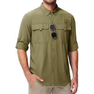 imageMAGCOMSEN Mens Sun Protection Fishing Shirts UPF 50 UV Quick Dry Long Sleeve Button Down Shirts Safari Hiking TravelKhaki