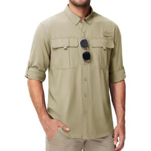 imageMAGCOMSEN Mens Sun Protection Fishing Shirts UPF 50 UV Quick Dry Long Sleeve Button Down Shirts Safari Hiking TravelLight Khaki