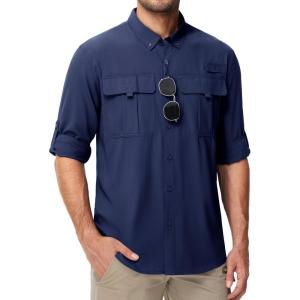 imageMAGCOMSEN Mens Sun Protection Fishing Shirts UPF 50 UV Quick Dry Long Sleeve Button Down Shirts Safari Hiking TravelNavy Blue