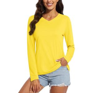 imageMAGCOMSEN Womens UPF 50 Long Sleeve Shirts V Neck Dry Fit Lightweight Athletic Hiking Running Workout Tops Yellow XL