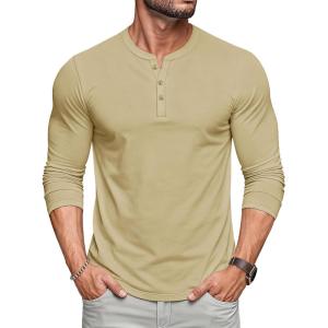imageMAGCOMSEN Mens Henley Shirts Long Sleeve Button Shirts Moisture Wicking Tees Casual Basic Solid Pullover ShirtKhaki