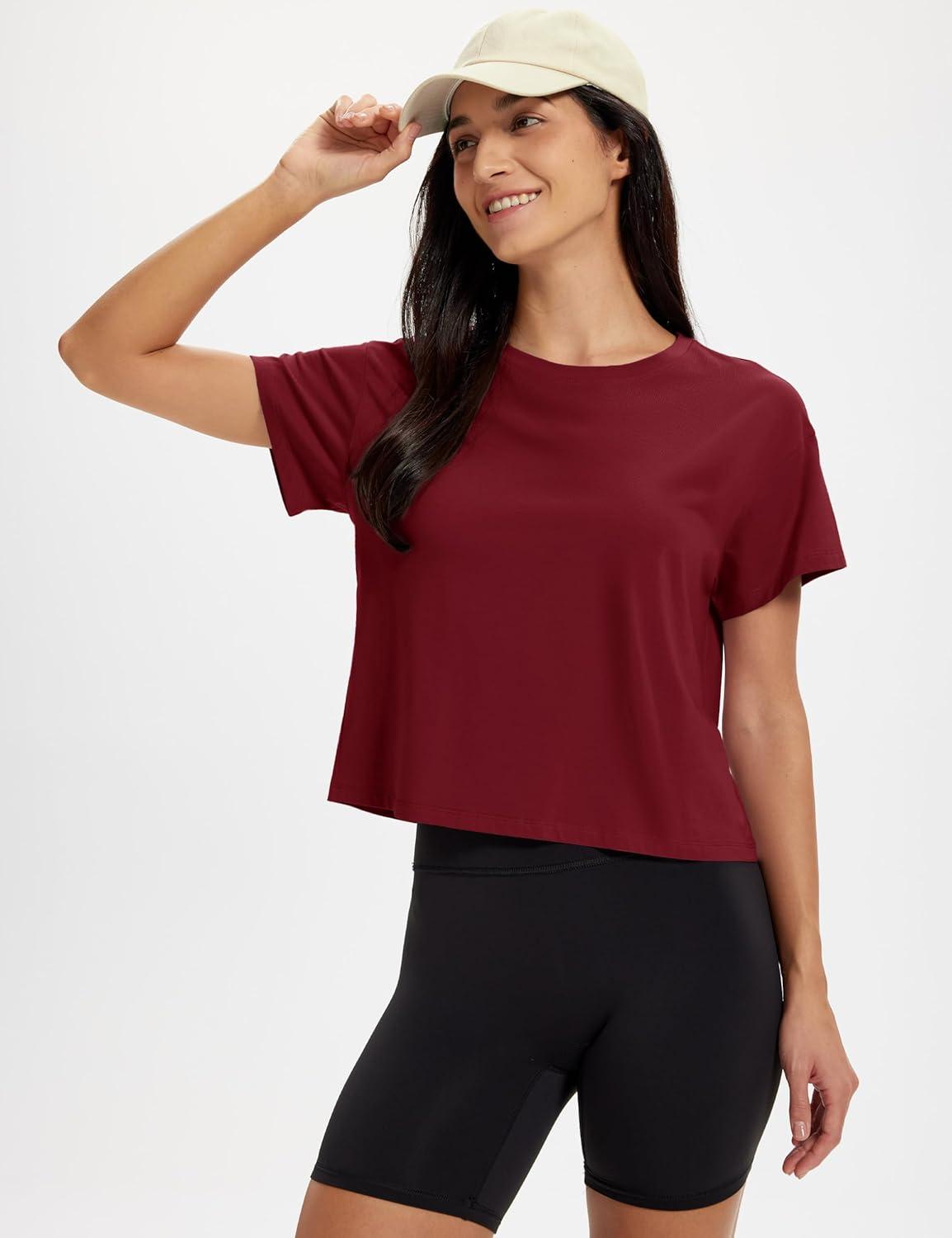 imageMAGCOMSEN Workout Crop Tops for Women Short Sleeve Cotton Athletic Yoga Tops Loose Casual Cropped T ShirtsVintage Red