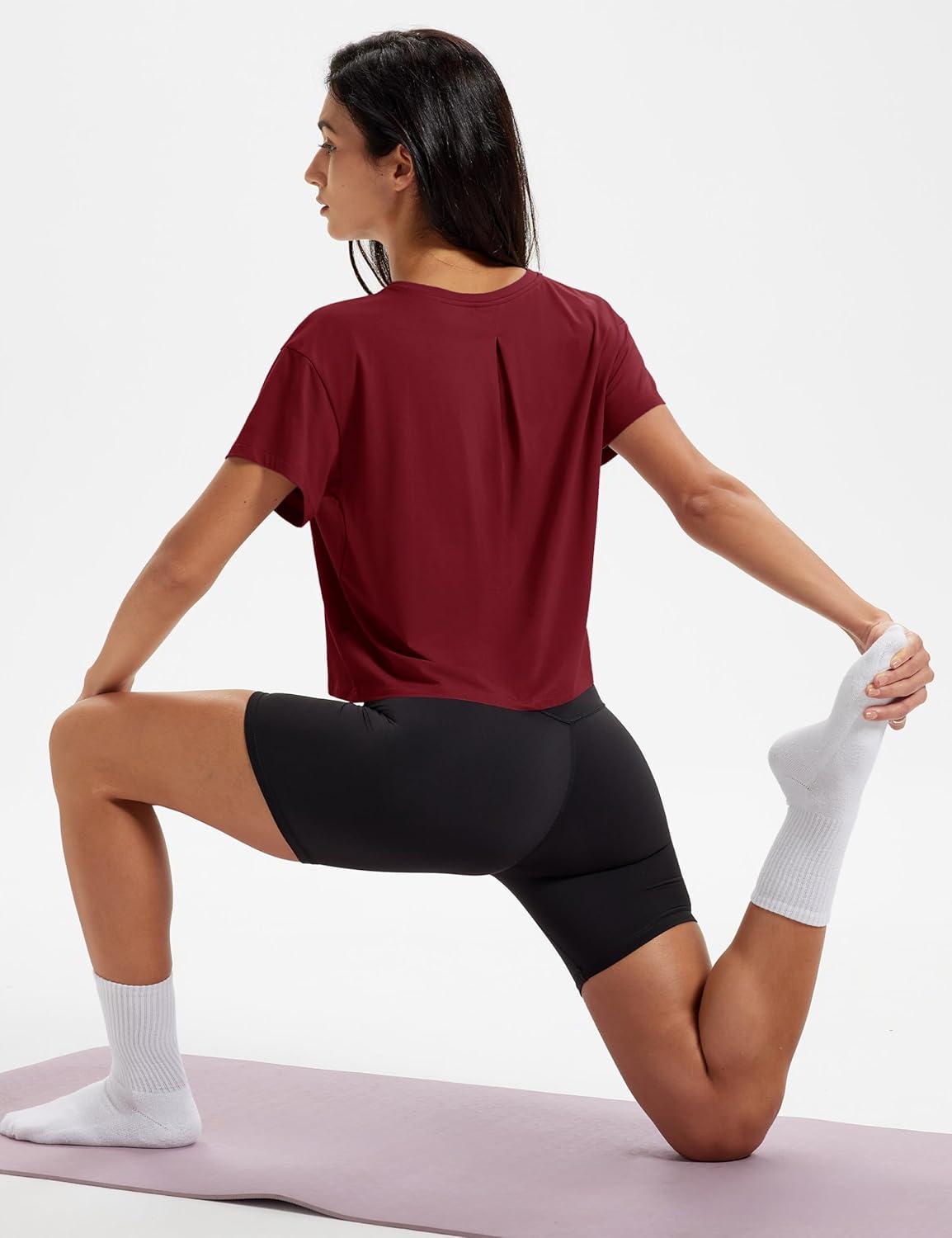 imageMAGCOMSEN Workout Crop Tops for Women Short Sleeve Cotton Athletic Yoga Tops Loose Casual Cropped T ShirtsVintage Red