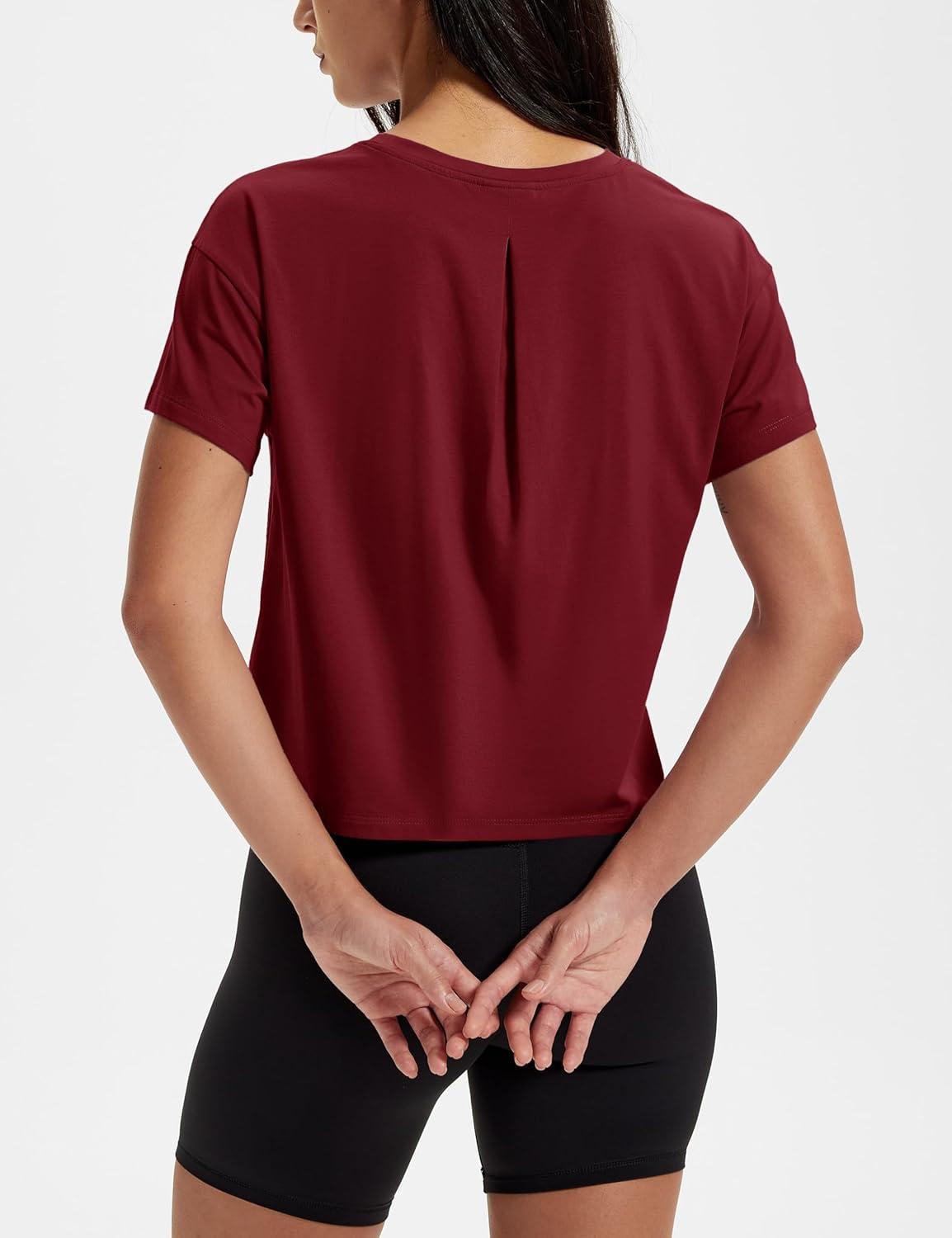 imageMAGCOMSEN Workout Crop Tops for Women Short Sleeve Cotton Athletic Yoga Tops Loose Casual Cropped T ShirtsVintage Red